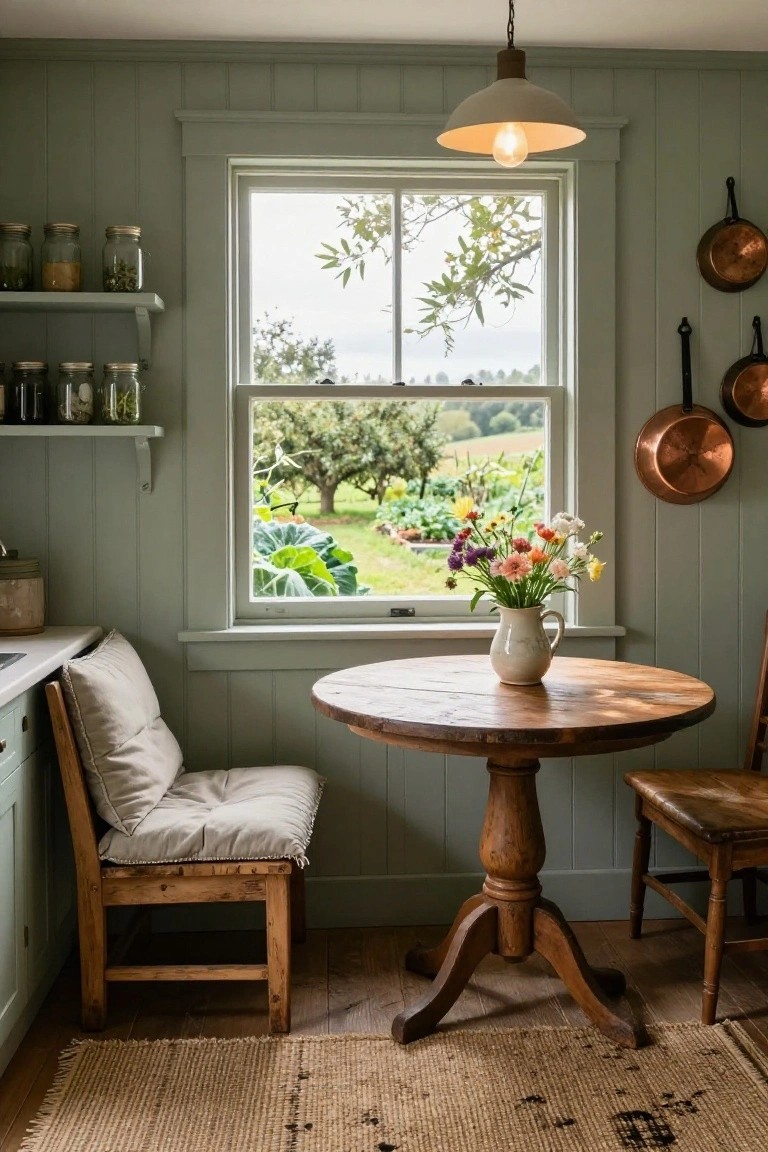 Sage green interior of a cozy kitchen with wooden round table and chairs near a large multi-pane window overlooking an orchard, vegetable garden, and fields, copper pots on wall, jars on shelves.