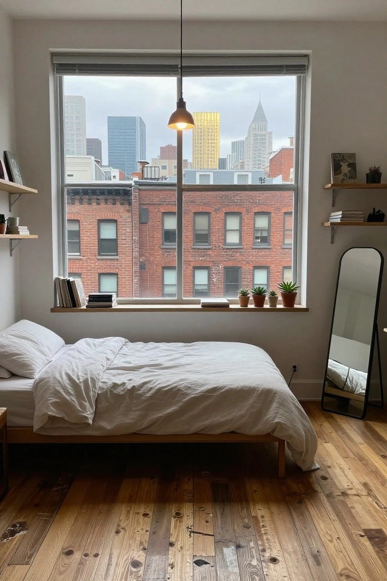 Minimalist bedroom interior with large picture window overlooking city skyline and brick buildings, low wooden bed with white linens, books and potted plants on window sill, full-length mirror, shelves, and hardwood floors.