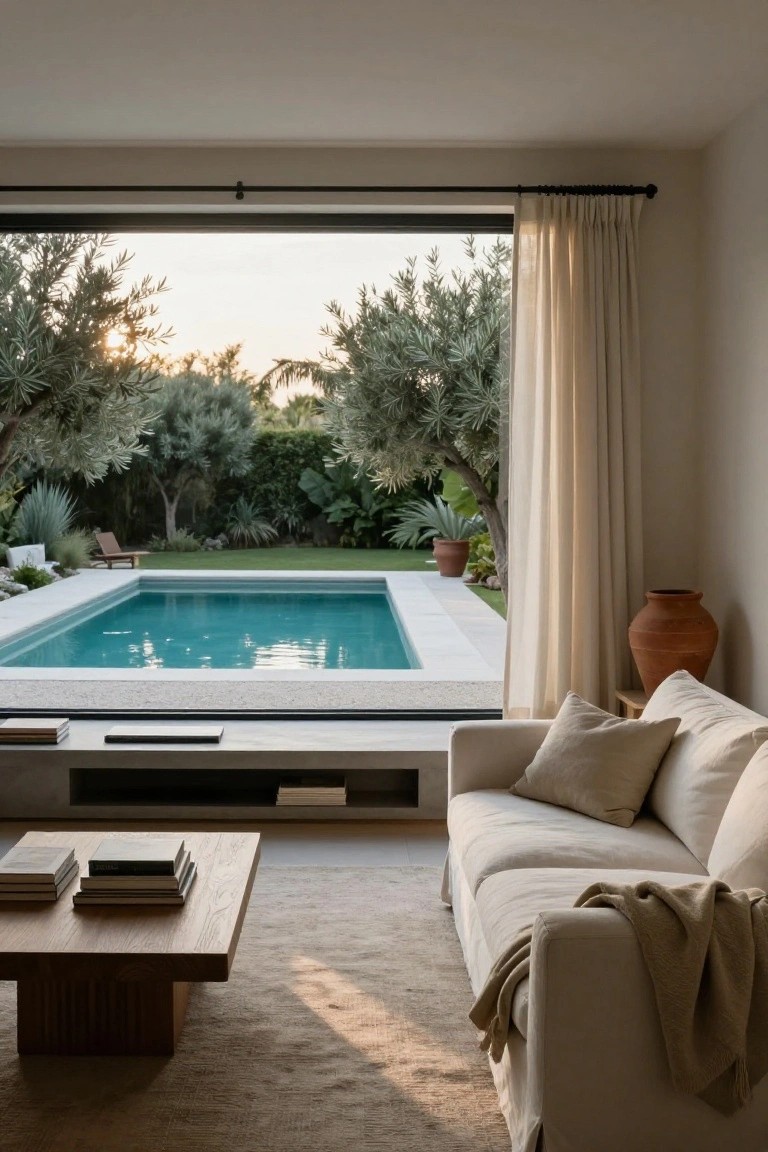 Modern living room interior with floor-to-ceiling sliding glass doors overlooking a turquoise lap pool, landscaped garden with olive trees, beige linen sofa, wooden coffee table, and low built-in shelf.