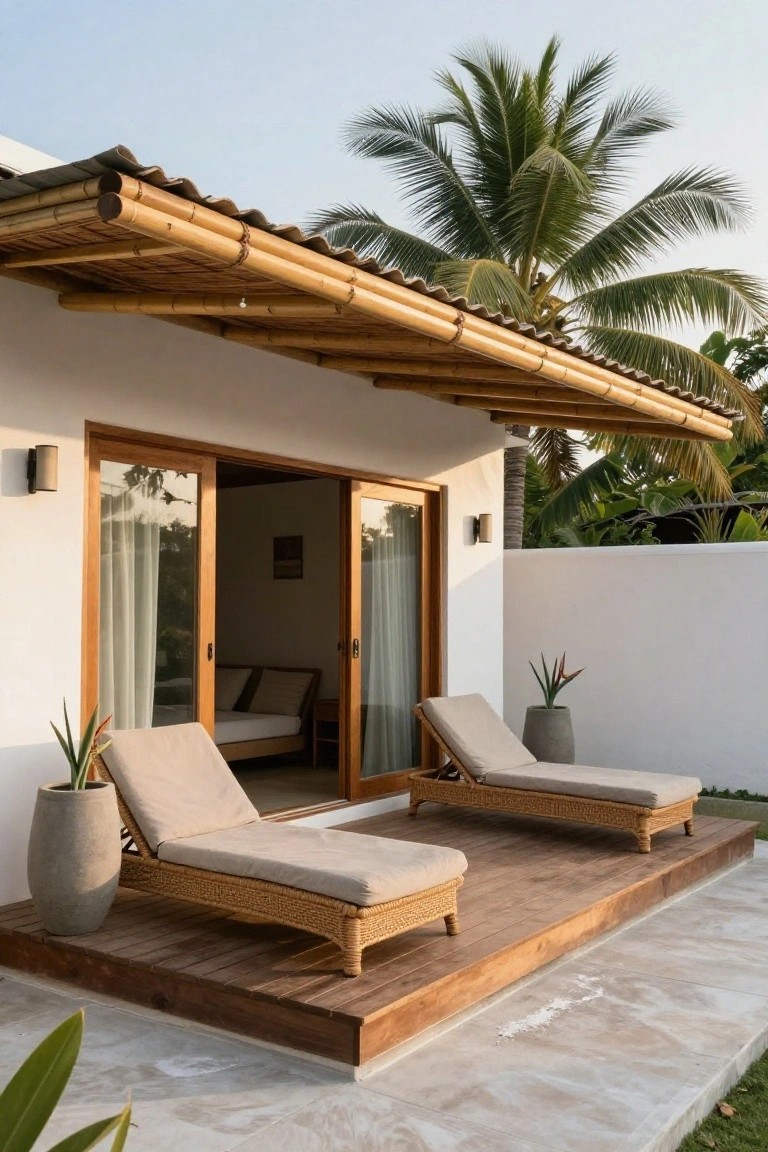 White exterior wall of a bungalow with wooden sliding doors under a bamboo-thatched roof awning, wooden deck holding two cushioned loungers and potted plants, palm trees and greenery in the background.