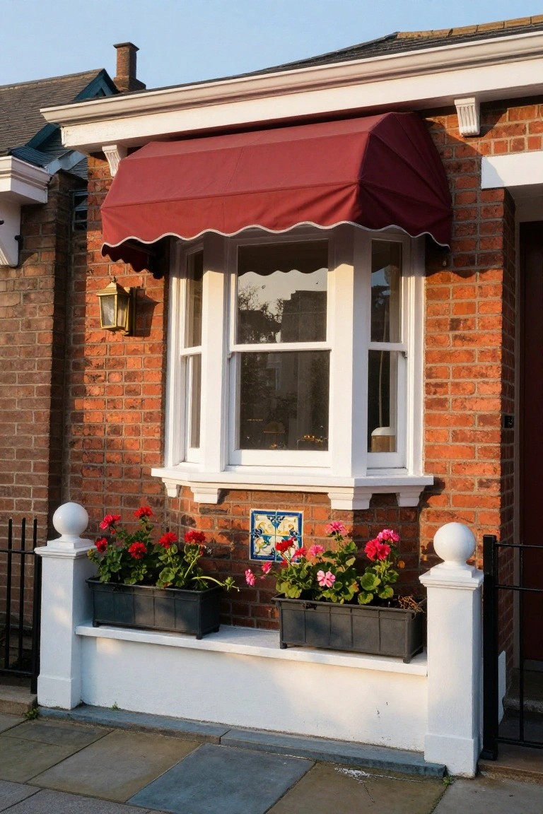 Brick house exterior with white bay window under red scalloped awning, flanked by flower boxes of red geraniums, black iron railing, and lantern light.