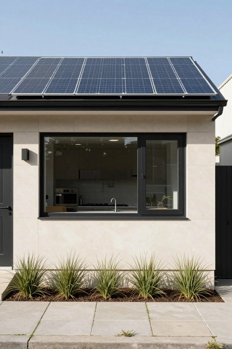 Modern house exterior featuring solar panels on the roof, a large black-framed window at kitchen counter height revealing sink and cabinets inside, a dark front door, beige tiled walls, and low grasses in front beds on a paved walkway.
