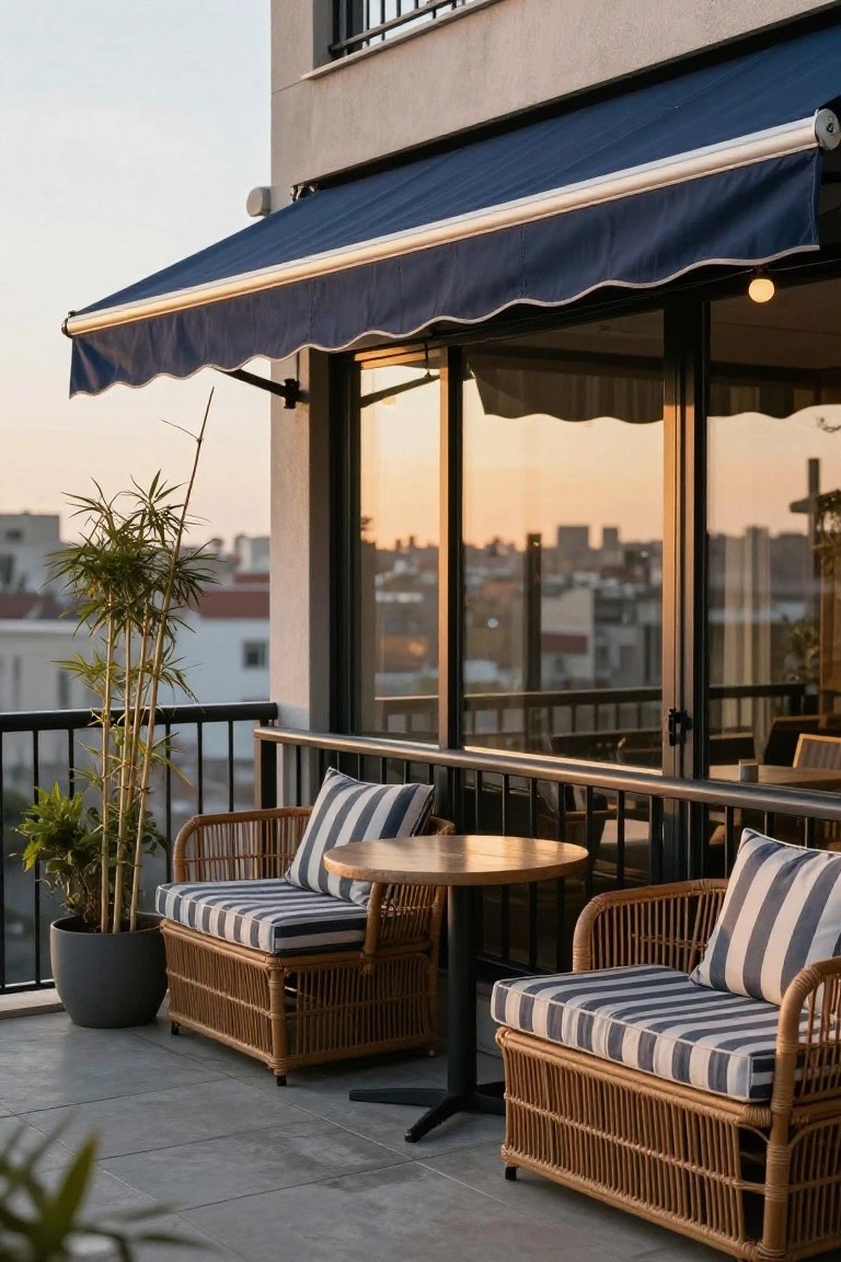Blue retractable awning extends over a balcony with two rattan chairs with striped cushions around a round wooden table, potted plants nearby, glass doors, and city view at sunset.