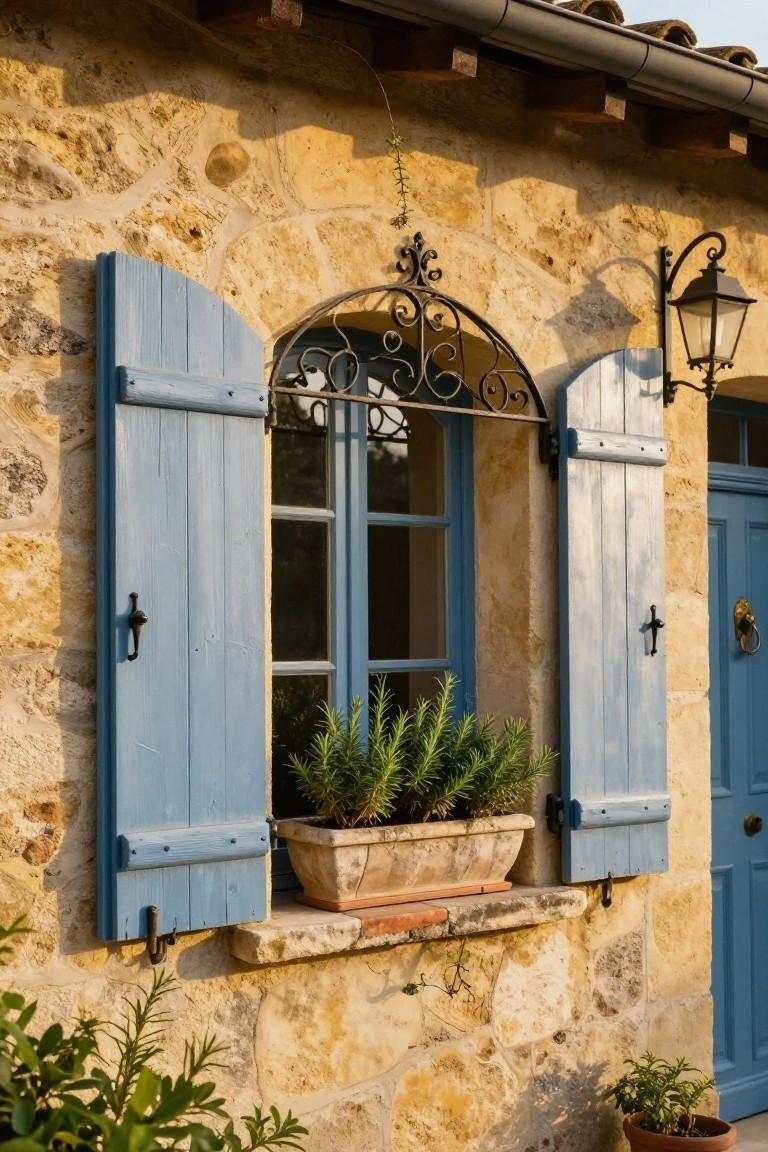 Beige stone house wall with open blue wooden shutters flanking an arched window topped by wrought-iron grille, terracotta window box with rosemary plants on the sill, wall lantern, and blue door to the side.