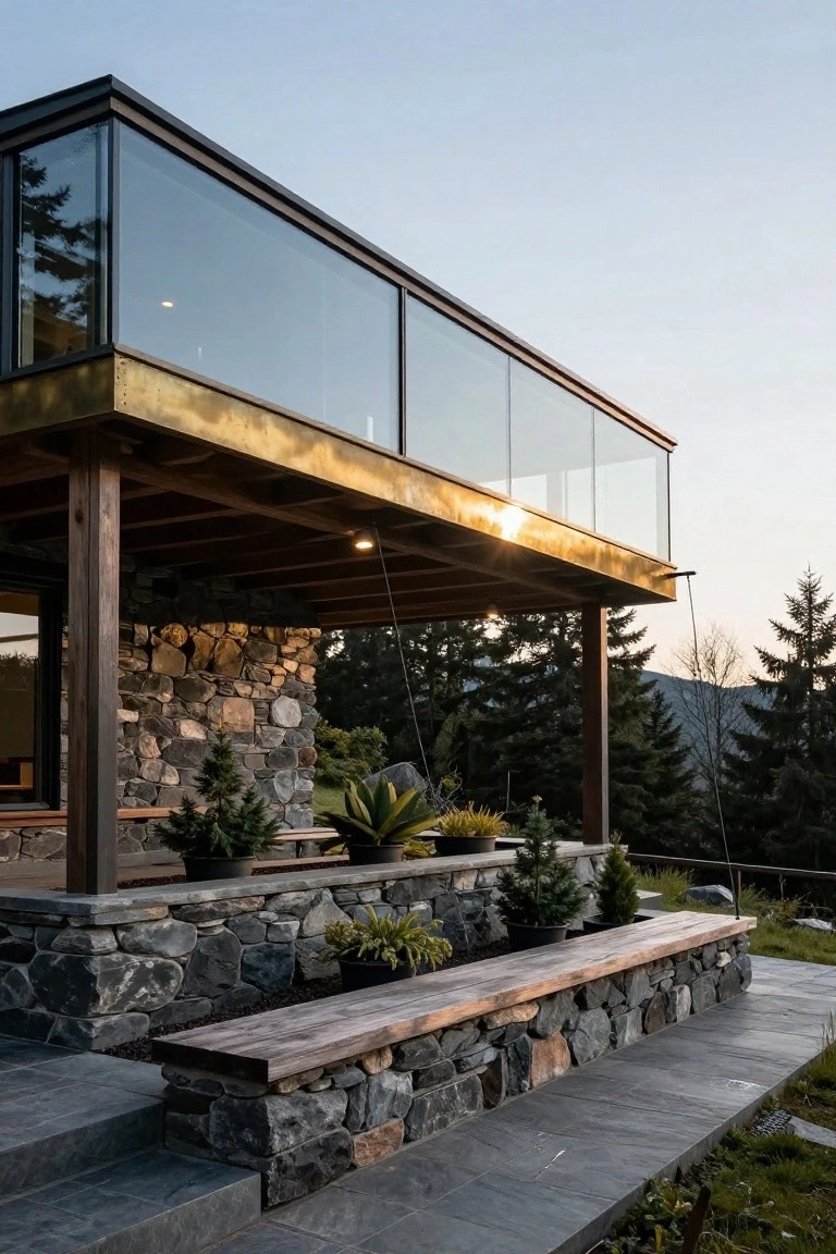 Modern house exterior with cantilevered upper glass box clad in brass above a stone-walled lower level, wooden posts and benches, potted plants, steps, and surrounding pine trees and mountains at sunset.