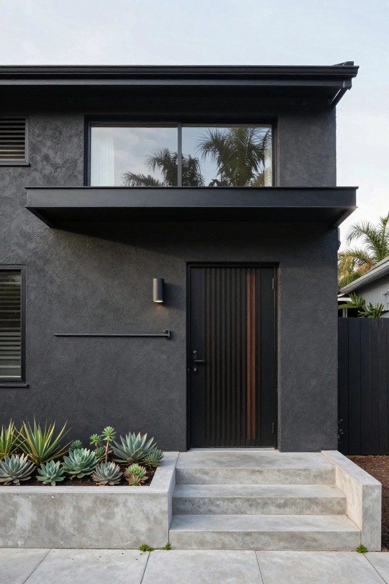Black modern house exterior with textured dark walls, a cantilevered black awning over a slatted black front door with wood accents, adjacent large window, wall light, concrete steps, and succulent planter box.