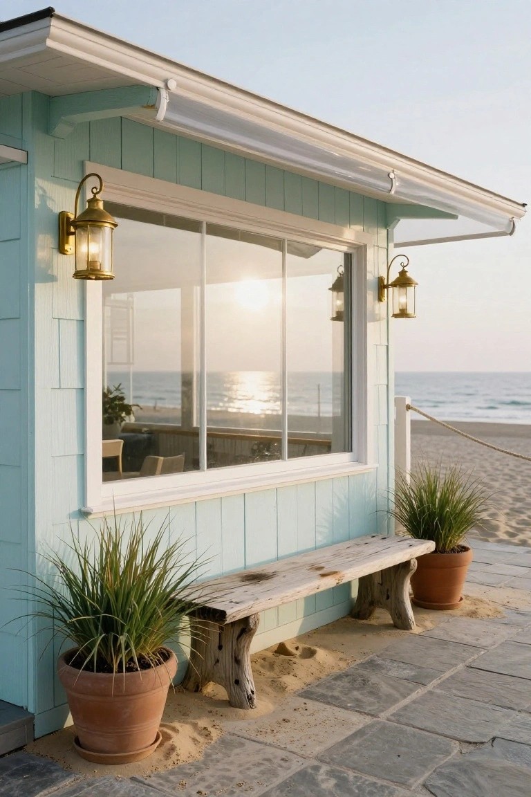 Turquoise clapboard beach house exterior featuring a large picture window under a clear overhanging awning, with ocean view at sunset, gold lanterns, potted dune grasses, and weathered wooden bench on stone pavers near sand.