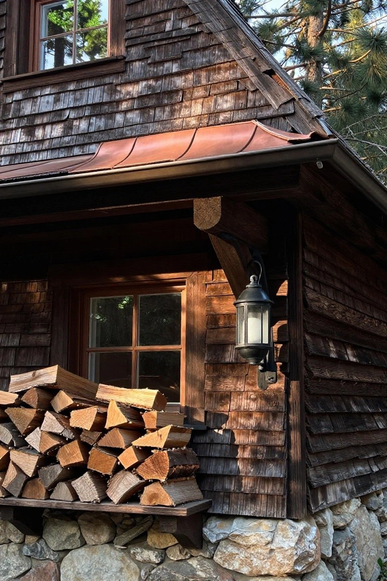 Corner view of a rustic shingle-clad cabin with copper roof overhang above a wood-framed window, a hanging lantern light, stacked firewood on a wooden shelf, stone foundation, and surrounding pine trees.