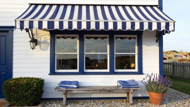 White clapboard exterior corner of a house with a blue-framed triple window under a blue-and-white striped canvas awning, wooden bench holding folded towels, lavender plants in terracotta pots on gravel ground near beach dunes.