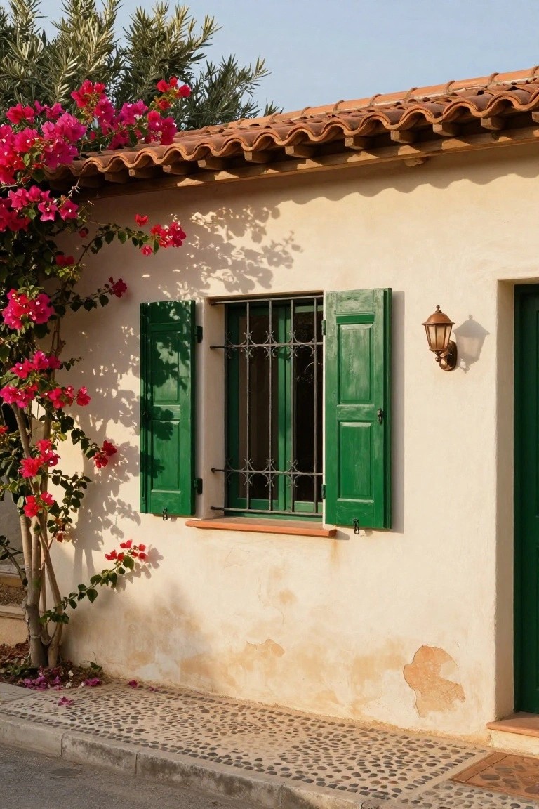 Beige stucco exterior wall of a house with a green shuttered window featuring black wrought iron grilles, pink bougainvillea vines climbing nearby, a green door with lantern light, terracotta roof tiles, and a pebble stone path.