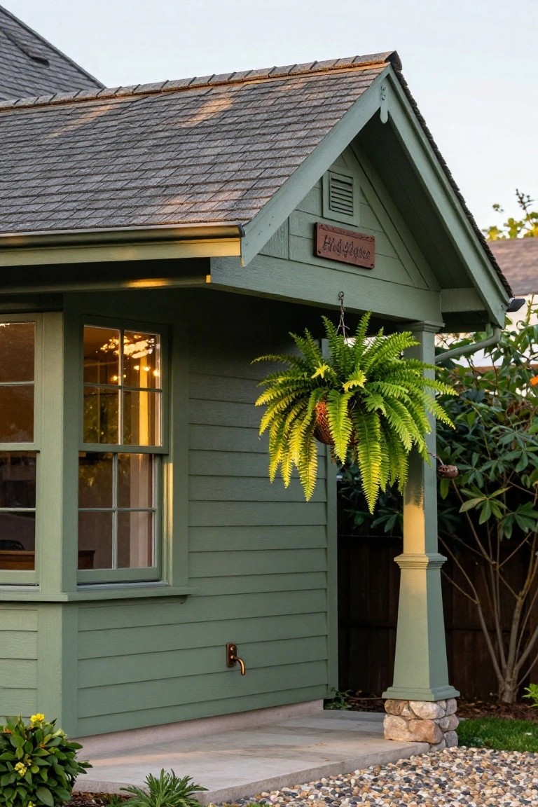 Green painted gabled shed structure labeled Hob House on wood sign, with multi-pane lit window, hanging Boston fern plant from eave, tapered porch column on stone base, gravel ground and plants nearby at dusk.
