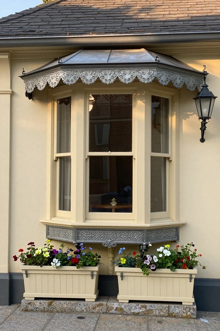 Pale stucco house exterior with a three-pane bay window under a scalloped galvanized metal awning, wooden planter boxes filled with colorful pansies and violas on both sides, and a black lantern light mounted to the wall.