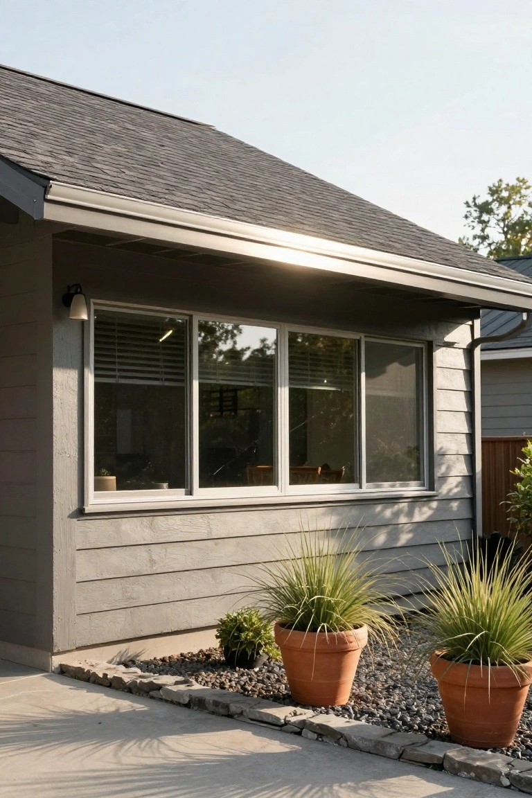 Gray wood-sided house exterior featuring large triple sliding windows under a deep roof overhang, with two terracotta pots of tall ornamental grasses on a gravel bed next to a concrete path.