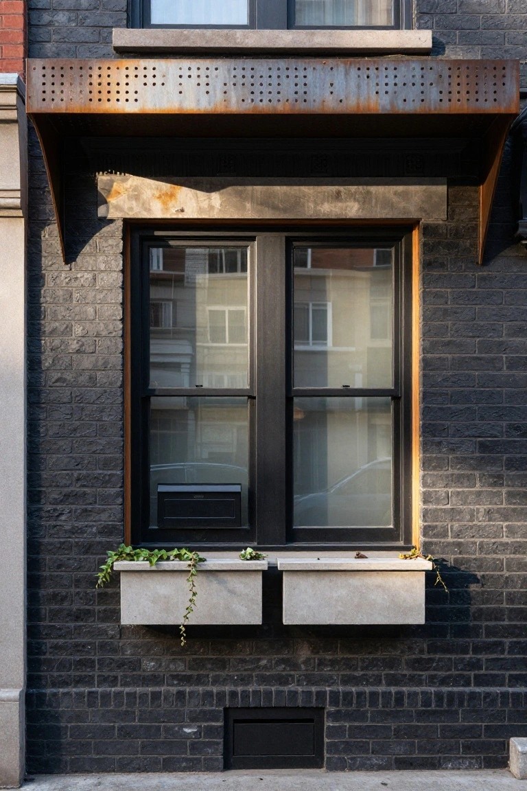 Black brick house wall with a double casement window in dark frames under a cantilevered rusted perforated metal awning, plus two stone window boxes holding ivy plants.