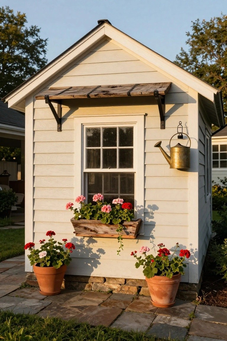 Small white clapboard garden shed with gabled roof and weathered wooden awning over a six-pane window, brass watering can hanging beside it, wooden window box of pink geraniums, and two terracotta pots of geraniums on stone pavers in front.