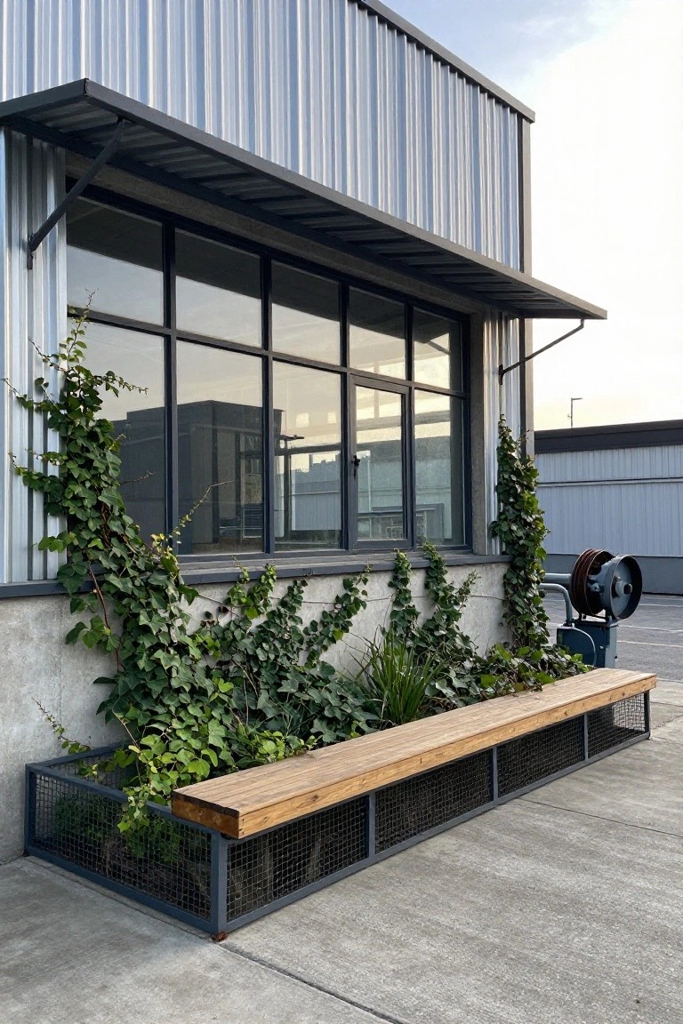 Corrugated metal building exterior with a large multi-pane window under a cantilevered metal awning, ivy climbing the walls, and a wooden bench integrated into a metal-framed planter box on a concrete pad.