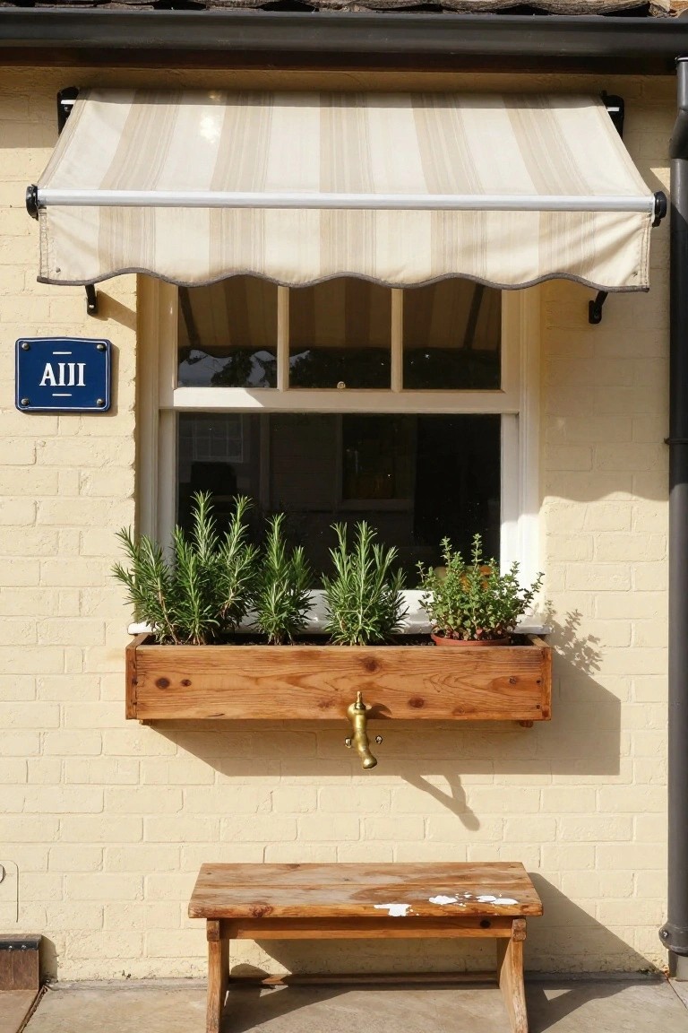 Beige striped retractable awning extended over a multi-pane window on a yellow brick house wall, with a wooden window box below containing rosemary plants and a brass faucet, and a wooden bench on pavement in front.