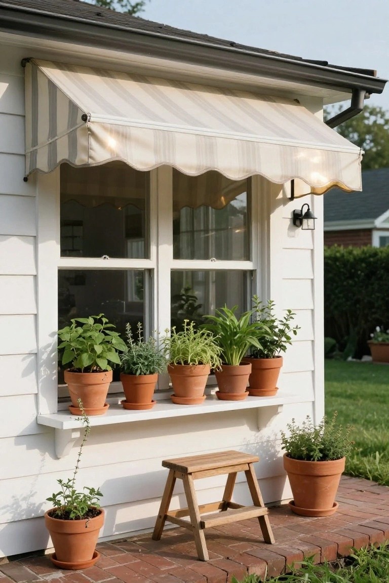 Striped Awning Over Herb Window Sill