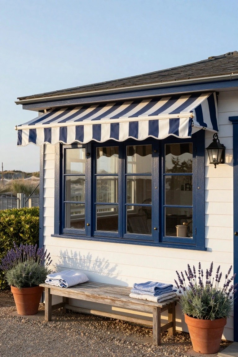 White clapboard exterior corner of a house with a blue-framed triple window under a blue-and-white striped canvas awning, wooden bench holding folded towels, lavender plants in terracotta pots on gravel ground near beach dunes.