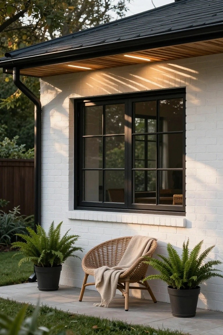 White brick house wall with large black-framed window under projecting eave featuring wooden trim and recessed LED lighting, potted ferns and rattan chair with blanket on concrete patio below.