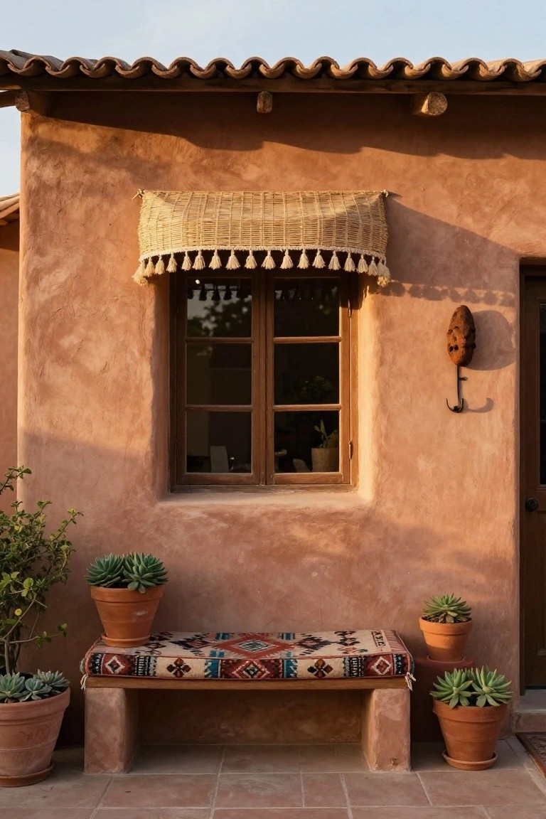 Beige adobe wall with a wooden window under a woven reed awning with tassels, potted succulents on a bench covered in a patterned textile, a wooden mask hanging nearby, and a wooden door to the side.