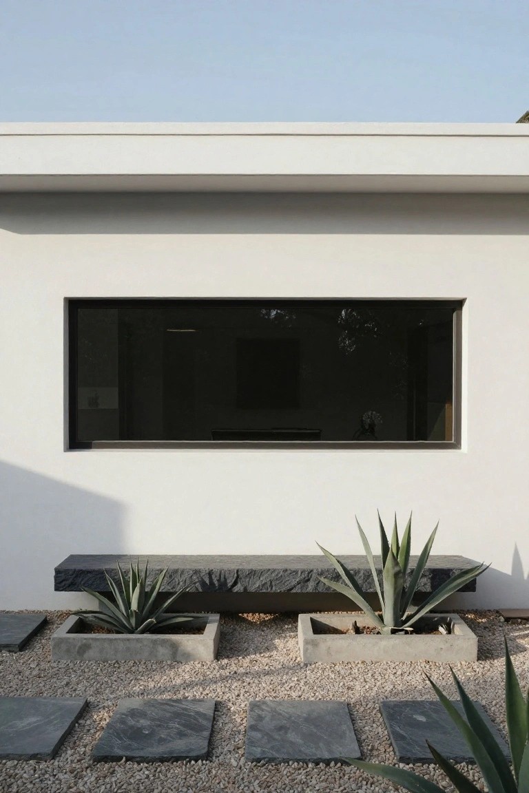 White stucco exterior wall with a large rectangular black-framed window, a cantilevered black stone bench protruding below it flanked by two agave plants in concrete planters on gravel ground with slate stepping stones.