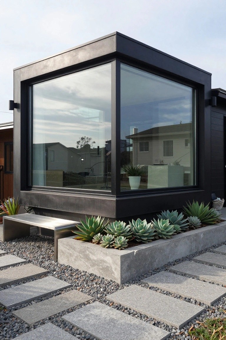 Corner view of a modern black metal-framed structure with floor-to-ceiling glass windows, concrete base and planters filled with agave succulents, a metal bench, gravel ground cover, and stone pavers.