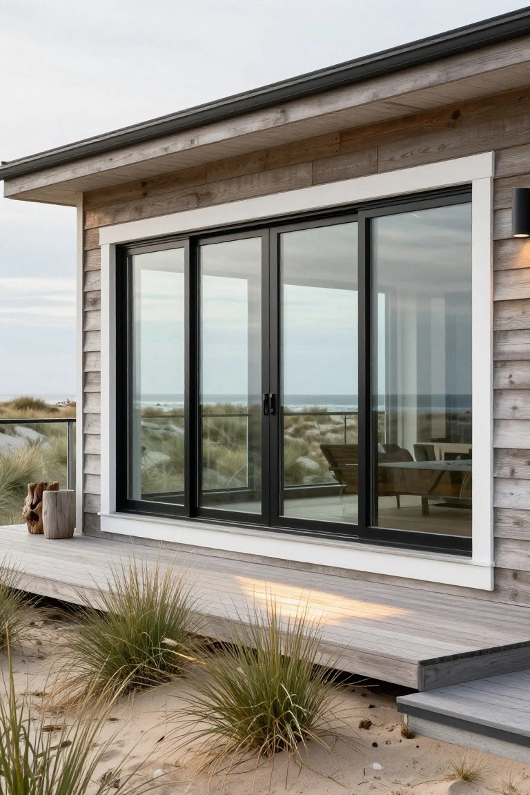 Beach house exterior with large black-framed sliding glass doors on a weathered wood wall, opening to a wooden deck surrounded by sand dunes and overlooking the ocean.