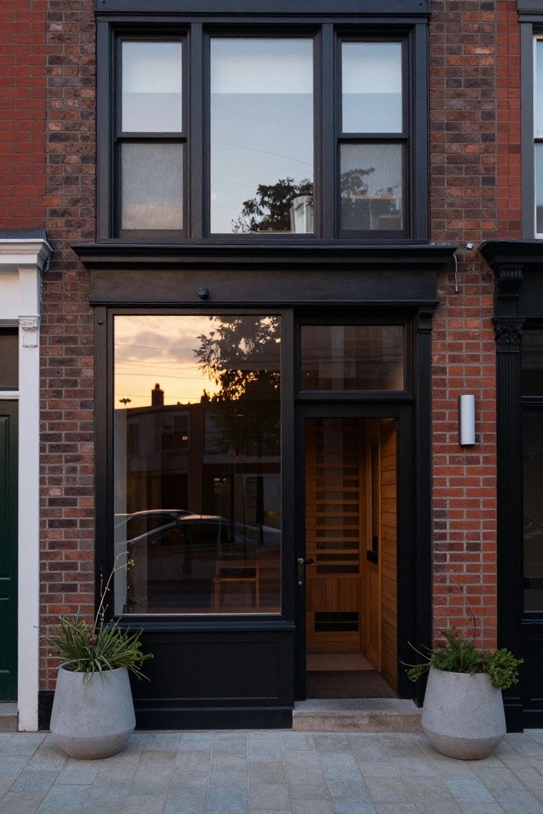 Two-story brick row house exterior with black metal frames on large glass windows and entry door revealing wooden slats inside, flanked by tall gray planters with greenery on a stone-paved sidewalk at sunset.