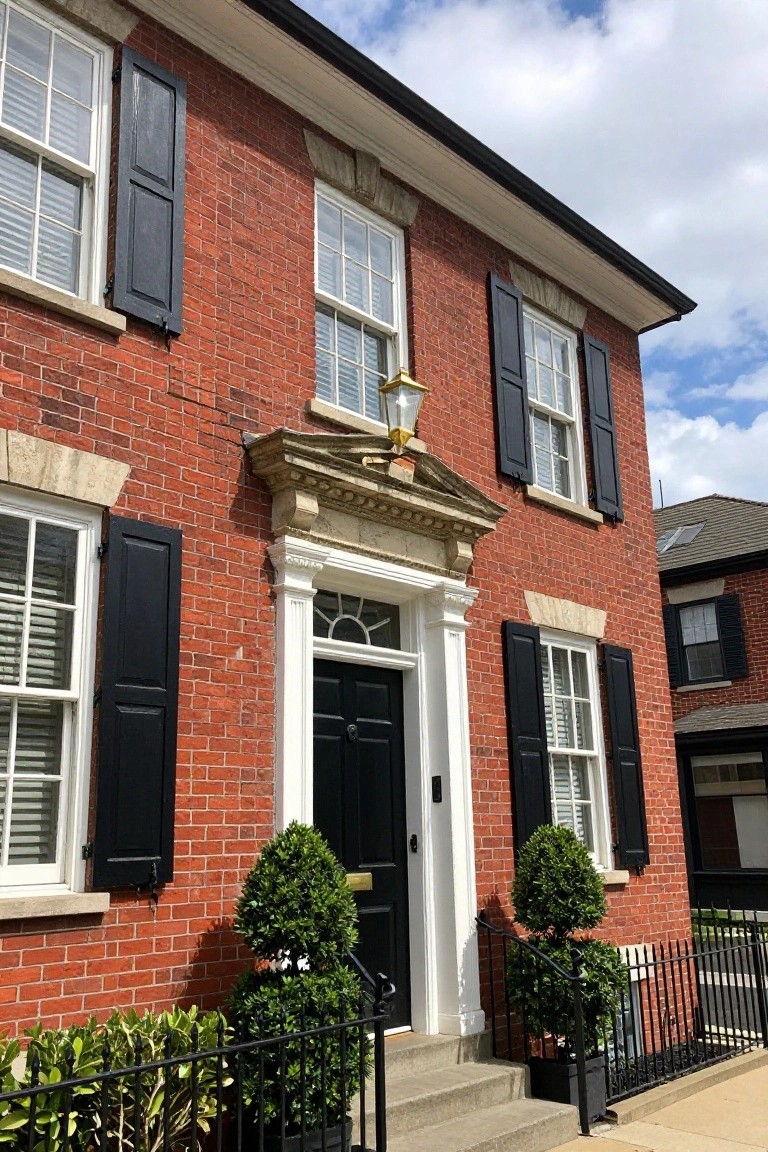 Red brick townhouse exterior with black shutters on white-framed windows, white pediment and columns around a black front door with brass lantern, flanked by potted boxwood shrubs on steps with black iron railing.