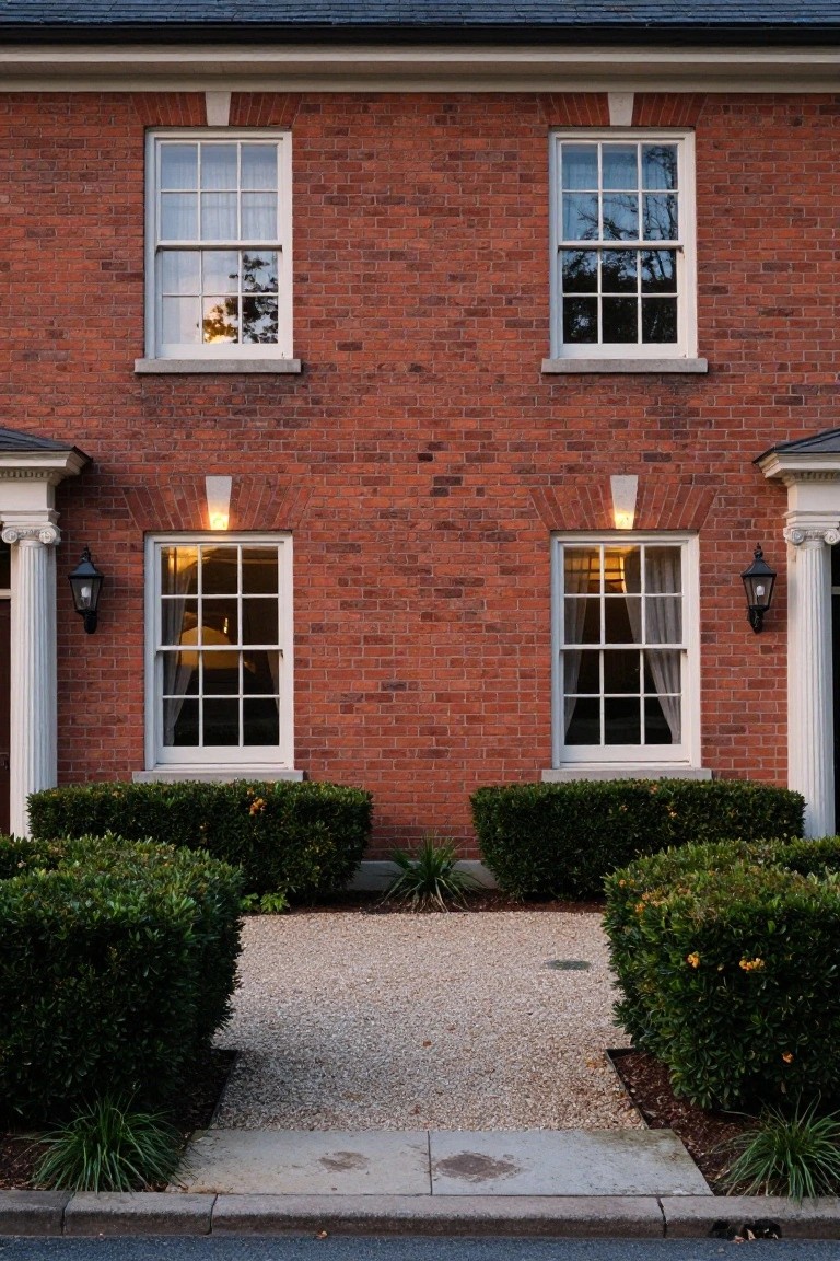 Two-story brick house with two windows, green hedges, and gravel pathway.