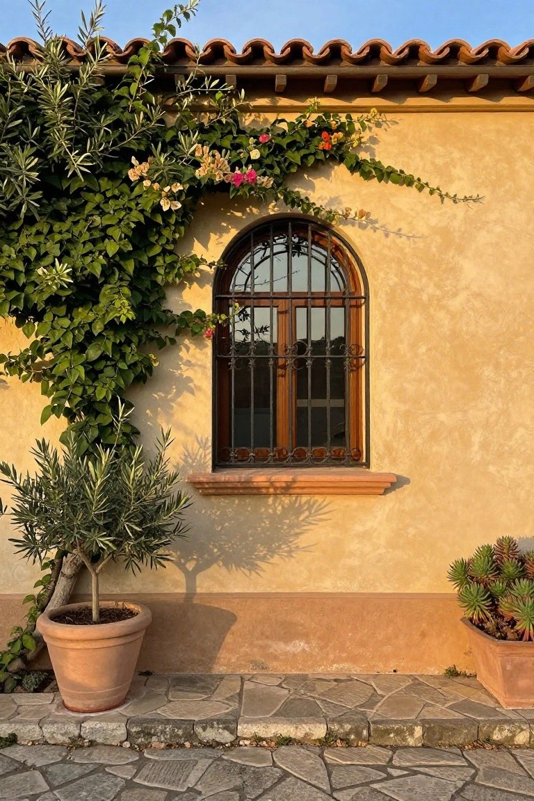 Yellow stucco exterior wall of a house with terracotta tile roof edge, an arched window with wooden shutters and black wrought-iron grilles, covered in climbing green vines and pink-yellow bougainvillea flowers, next to potted olive tree and succulent on a stone tile path.