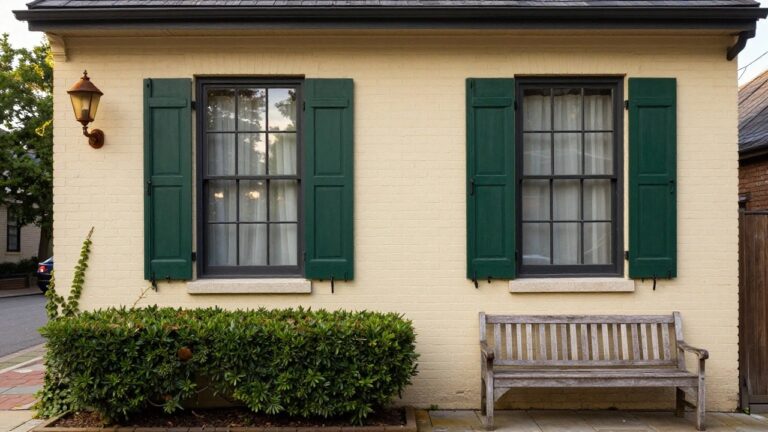 24 Exterior Window Inspiration Photos That Spark Creativity Beige brick house wall featuring tall green louvered shutters flanking double windows, ivy climbing nearby, a copper wall lantern mounted between shutters, boxwood shrubs along the base, and a weathered wooden bench on a brick paver path.