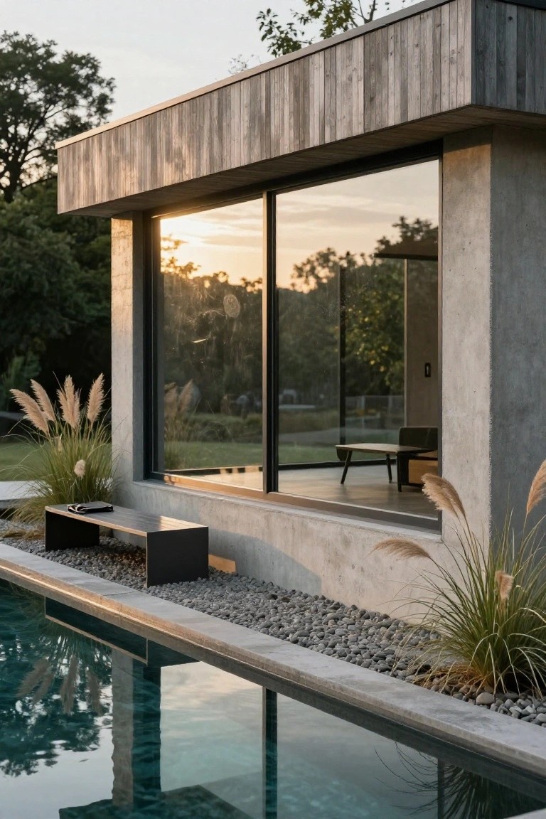 Modern house exterior with gray concrete pillars and charred wood cladding, featuring large black-framed floor-to-ceiling windows beside a rectangular pool edged in stone, with pampas grass plants, a black bench, and pebble ground cover at sunset.