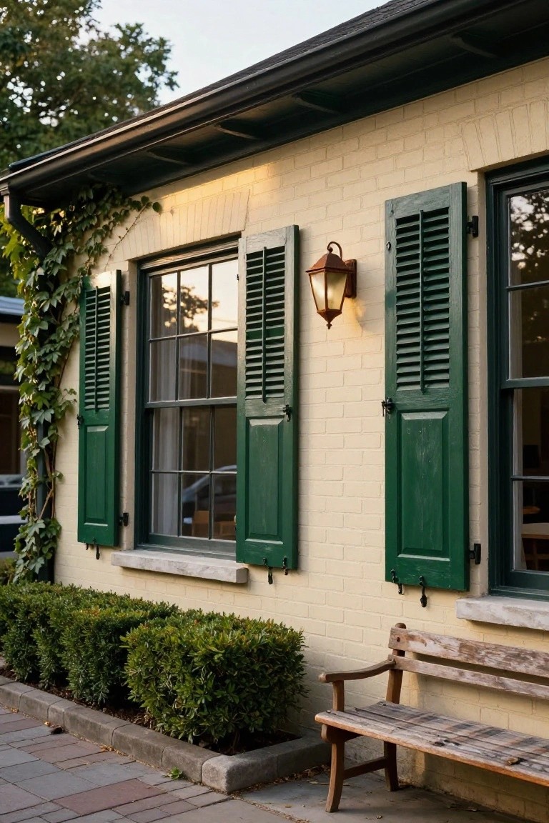 Beige brick house wall featuring tall green louvered shutters flanking double windows, ivy climbing nearby, a copper wall lantern mounted between shutters, boxwood shrubs along the base, and a weathered wooden bench on a brick paver path.
