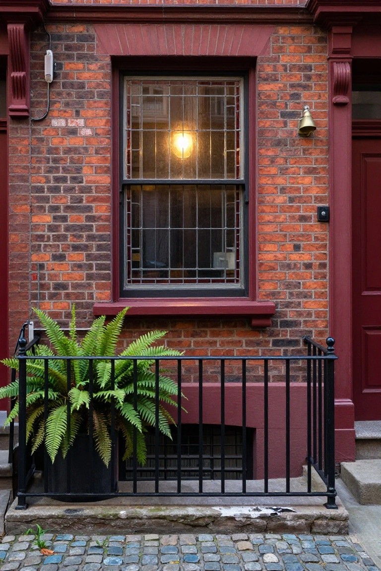 Red brick townhouse exterior with a gridded window lit from inside, brass door bell, red front door, black iron railing holding a large potted fern in a black container, and cobblestone path.