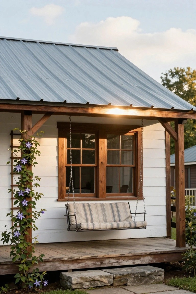 White clapboard house with sloped blue-gray metal roof and wooden porch, featuring a hanging swing with beige striped cushions next to a divided-light wooden window, purple passionflower vines climbing a trellis post, and stone steps at the deck edge.