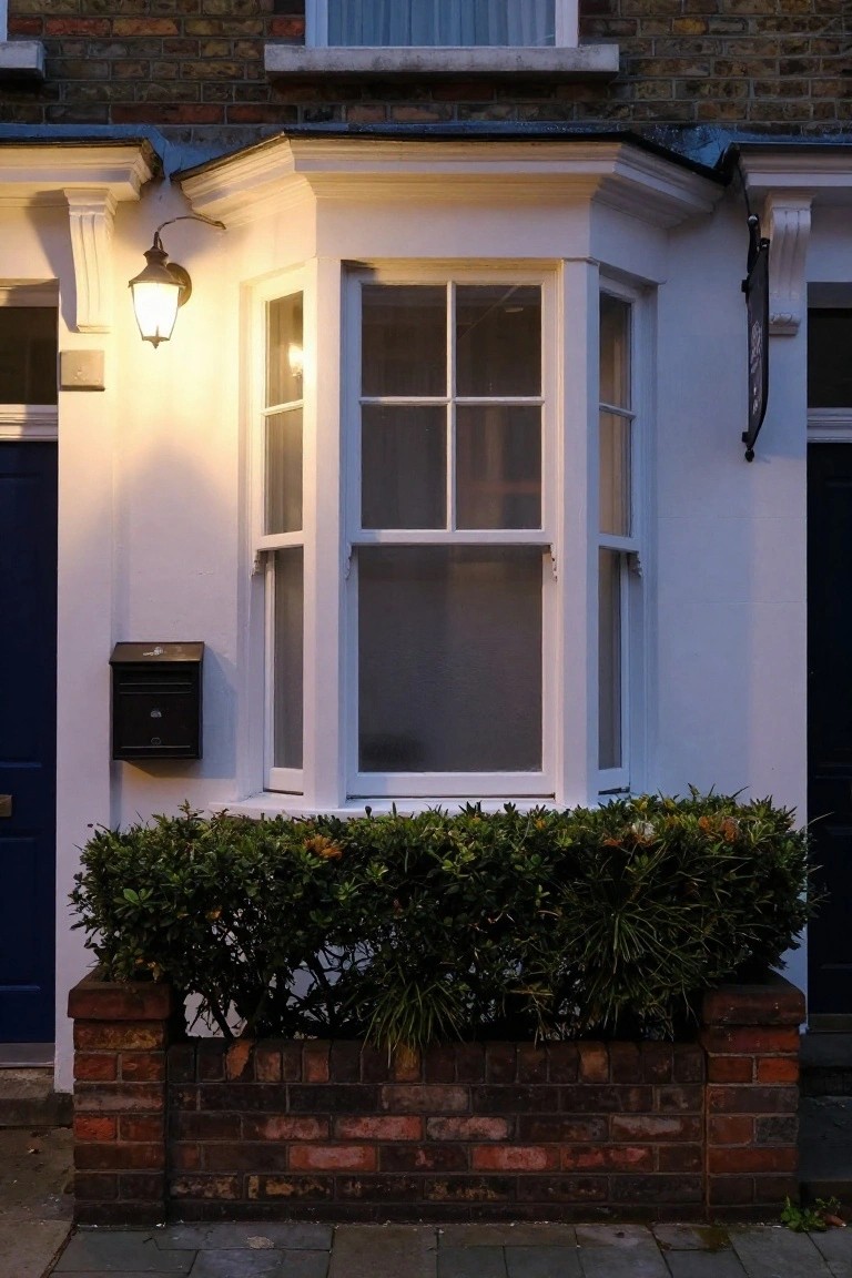 Evening view of a white bay window on a brick and stucco terraced house facade illuminated by a wall-mounted lantern light, with boxwood hedge in front and blue doors on either side.