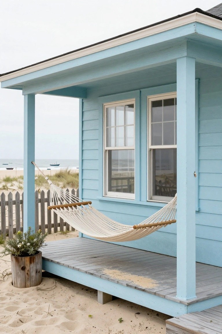 Light blue clapboard beach house with white-framed double-hung windows, porch with hanging hammock, wooden post supports, potted plant, white picket fence, sand, beach grass, and ocean view.