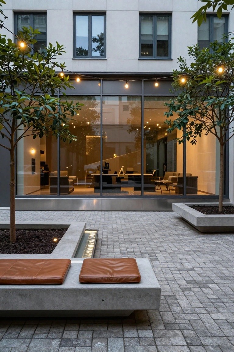 Paved courtyard with two concrete benches topped by tan leather cushions, surrounded by tree-filled planters and a linear water channel, string lights strung between trees overhead, and a large floor-to-ceiling glass wall showing an interior room with desks and chairs.