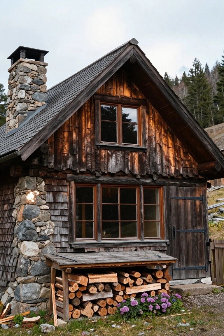 Wooden cabin with stone chimney and base, dark shingle siding, multiple windows, firewood stack outside the door, purple flowers, and surrounding pine trees on a grassy slope.
