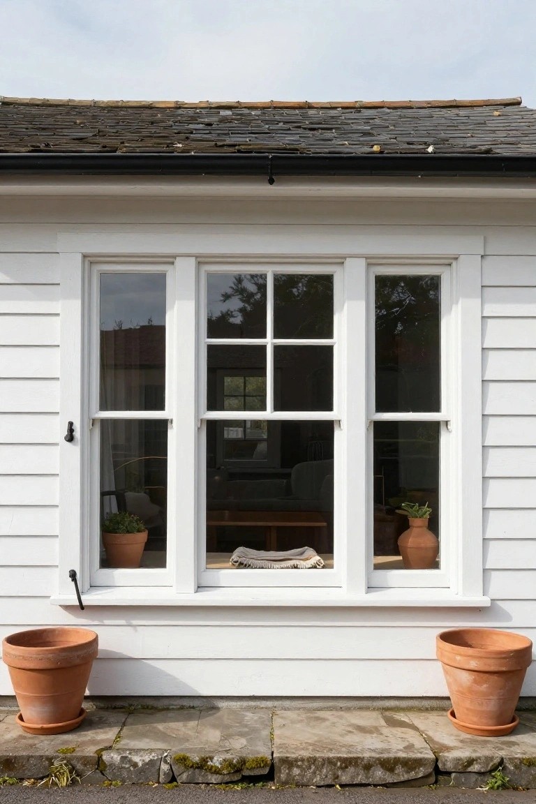 White clapboard house exterior featuring a large central triple window with black hardware, flanked by two large terracotta pots on stone steps, with smaller pots on the windowsill and visible inside.
