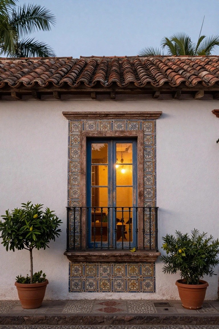 White stucco exterior wall with a tall double window framed in blue and white patterned tiles, wrought iron balcony railing, potted citrus trees on each side, red barrel tile roof above, and palm trees in the background.