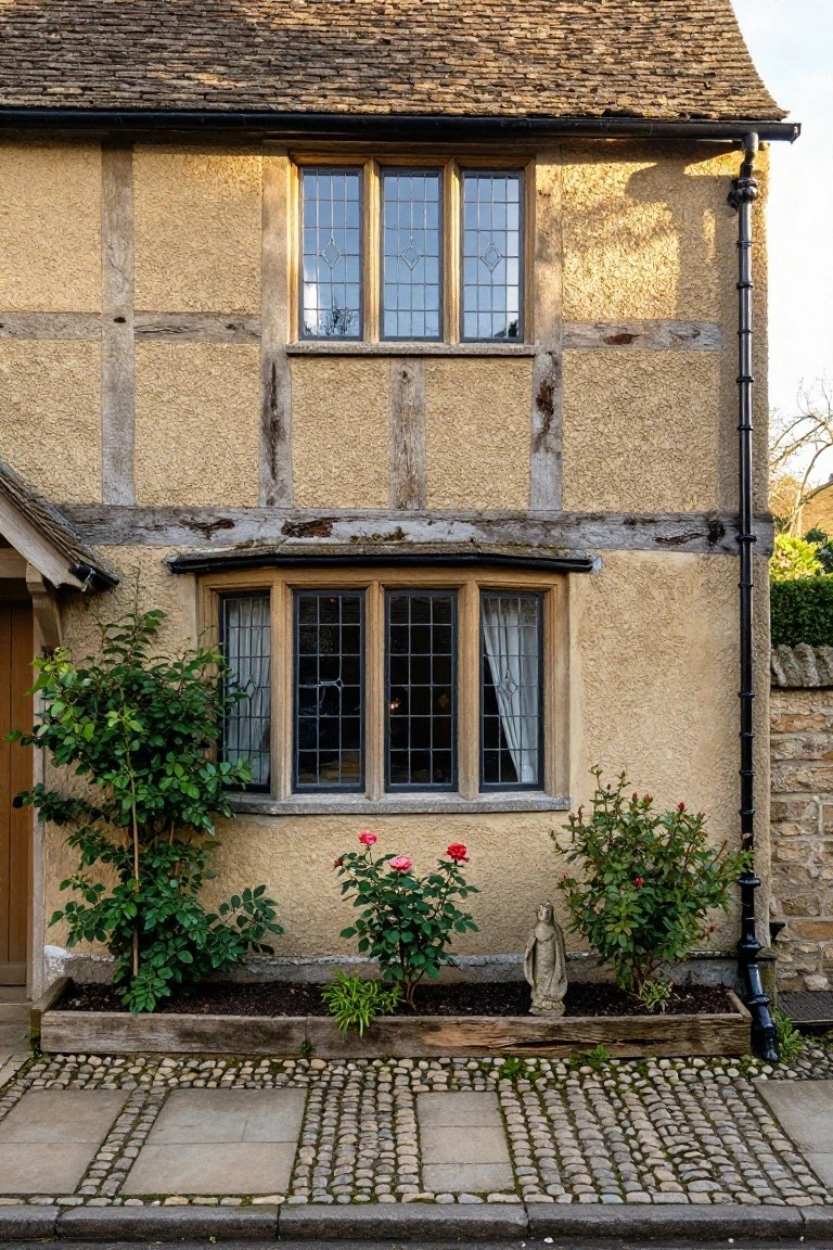Beige rendered house exterior with dark exposed timber framing, a bay window with curtains, rose bushes in wooden-edged beds, a garden statue, and a stone pathway beside a downspout.