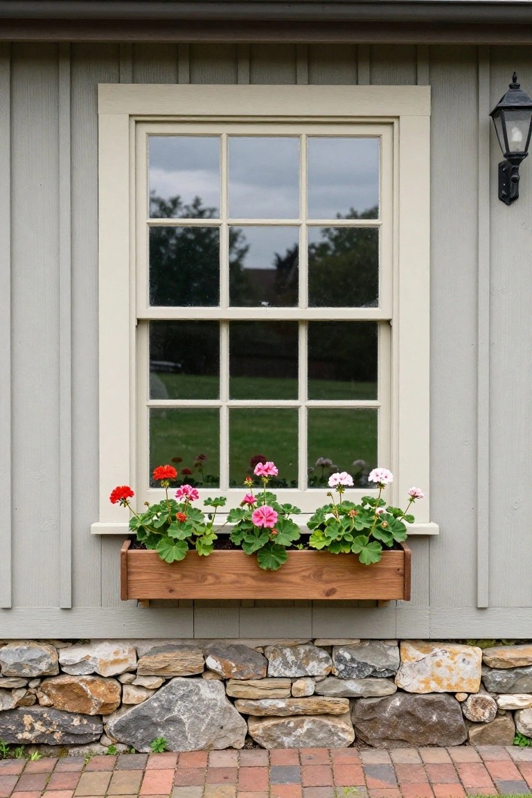 White divided-light window on gray clapboard siding with wooden window box of red and pink geraniums below, black lantern light to the right, stone foundation, and brick paver path.