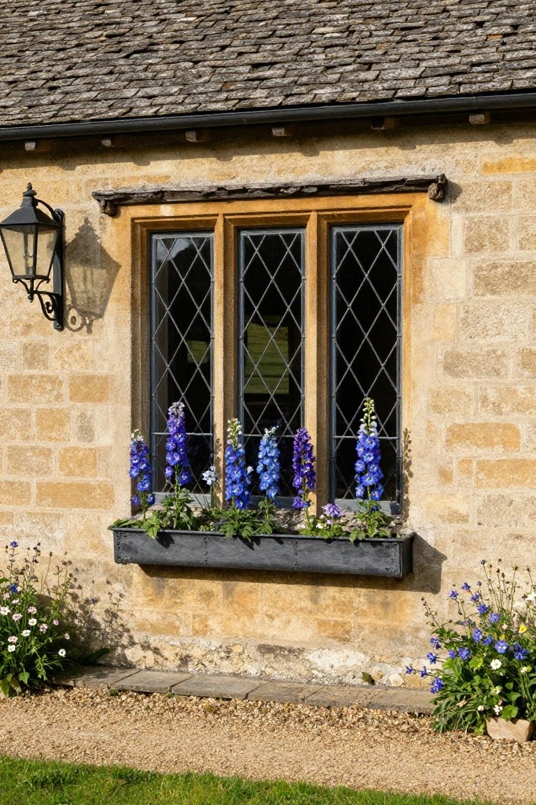 Stone cottage wall with a tall narrow three-pane leaded window, black window box filled with blue delphinium flowers, wall-mounted lantern light, and ground-level plants beside a gravel path and grass.