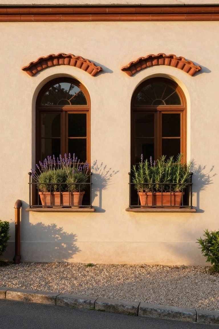 Two tall arched wooden windows with fanlights on a beige stucco wall, topped with curved terracotta tiles, each featuring a black wrought-iron window box with terracotta pots of purple lavender and green rosemary, a downspout nearby, gravel ground, and small shrubs at the base.