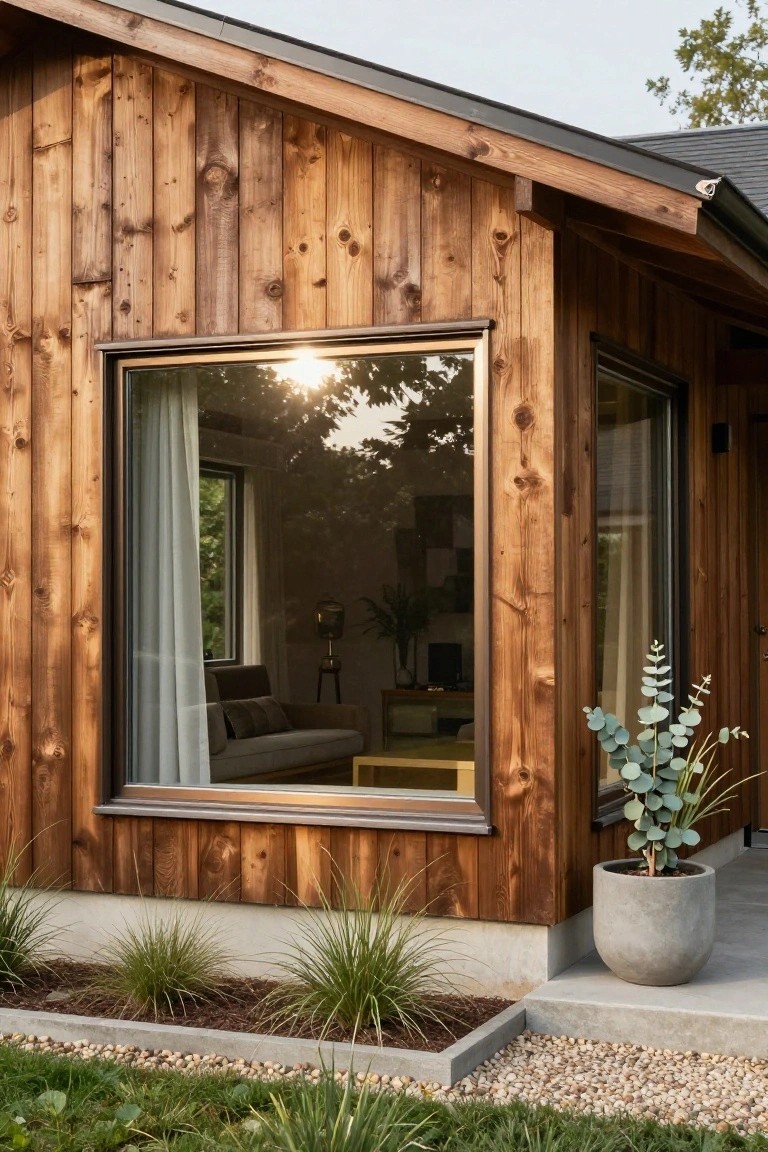 Wooden house exterior with vertical dark wood cladding, a large window revealing sheer curtains and a couch inside, potted eucalyptus plant, low grasses, and pebble border on a concrete base.