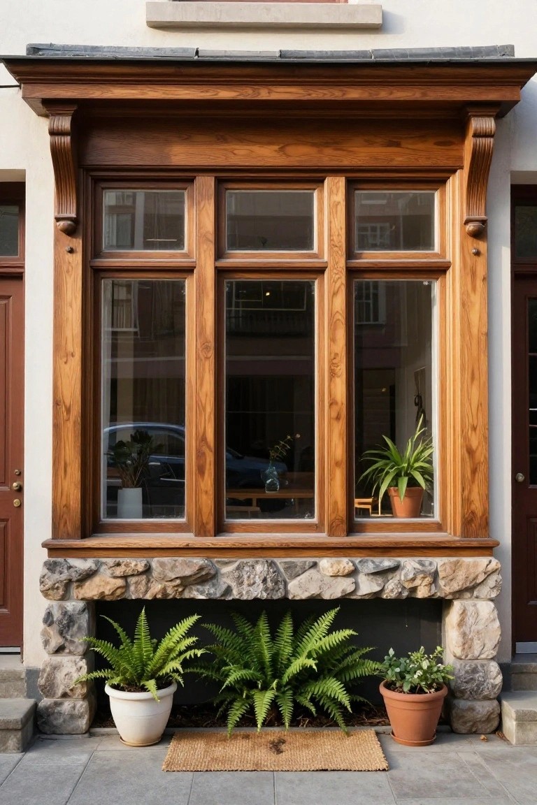 Wooden window with stone base, surrounded by potted plants and a welcome mat.
