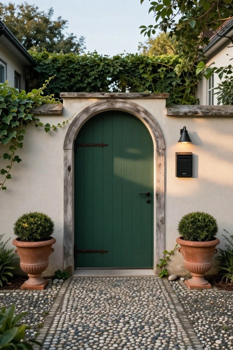Close-up of a dark green arched wooden door in a white stucco wall with a rustic wood frame, ivy climbing nearby, black lantern light and mailbox mounted beside it, boxwood topiaries in terracotta pots on either side, and a pebble stone path leading forward.